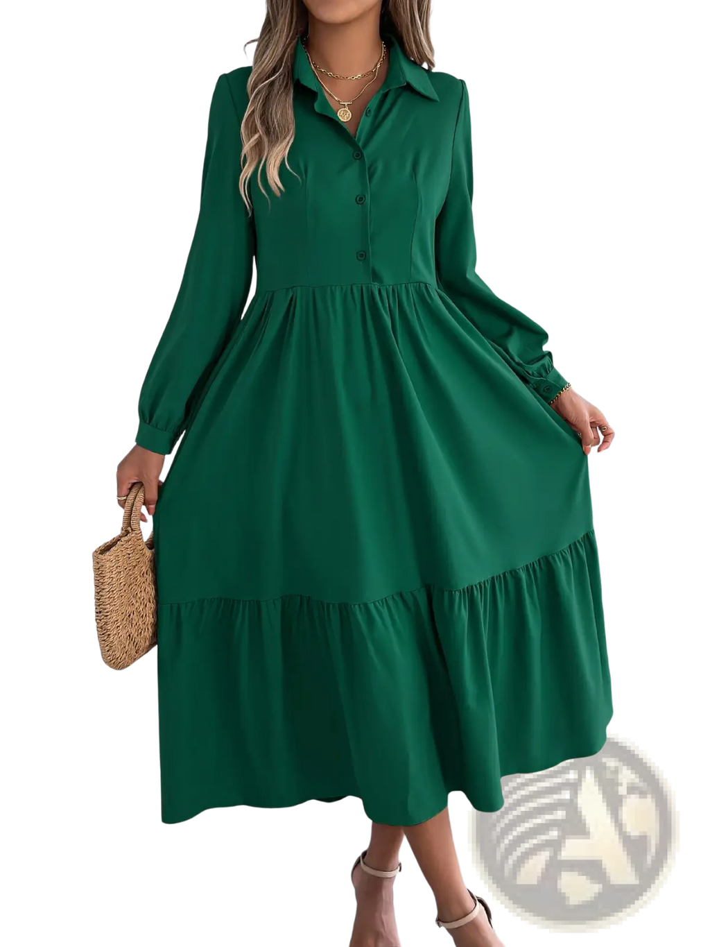 Emerald green women’s long sleeve button down midi dress with tiered ruffle hem and collar in lightweight fabric