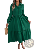 Emerald green women’s long sleeve button down midi dress with tiered ruffle hem and collar in lightweight fabric