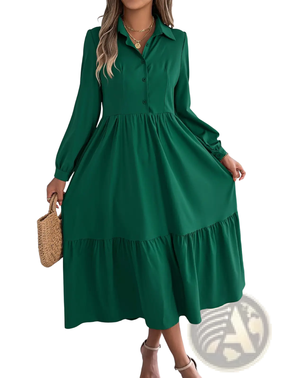 Emerald green women’s long sleeve button down midi dress with tiered ruffle hem and collar in lightweight fabric
