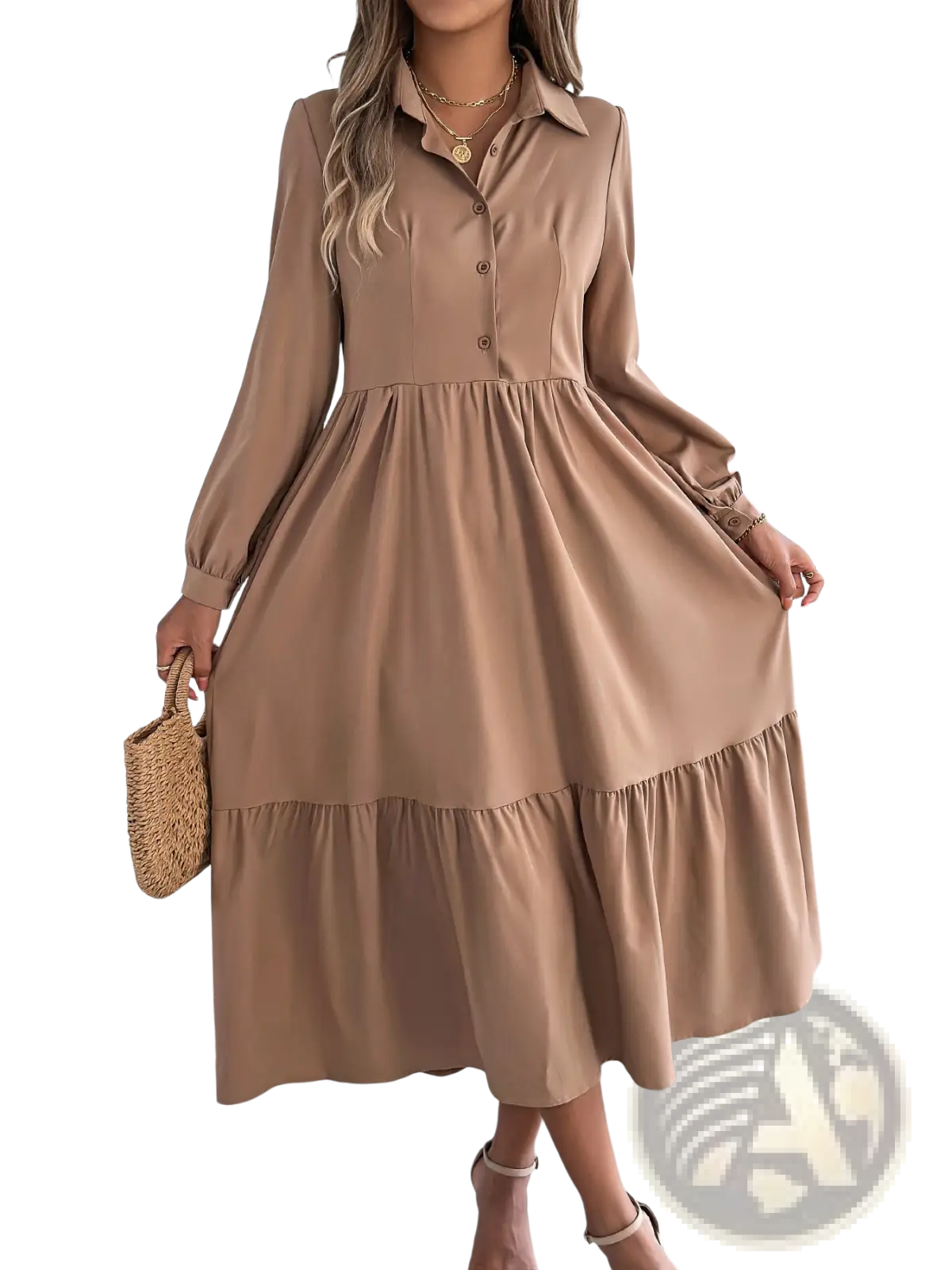 A soft beige womens long sleeve tiered button down midi dress with subtle ruffles and a flowing skirt