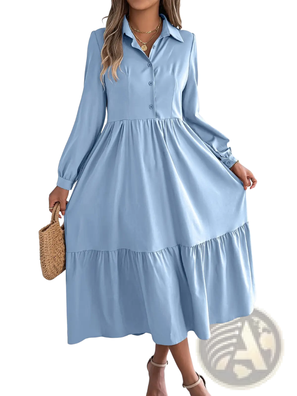 A light blue women’s long sleeve tiered button down midi dress with collar and flowing skirt