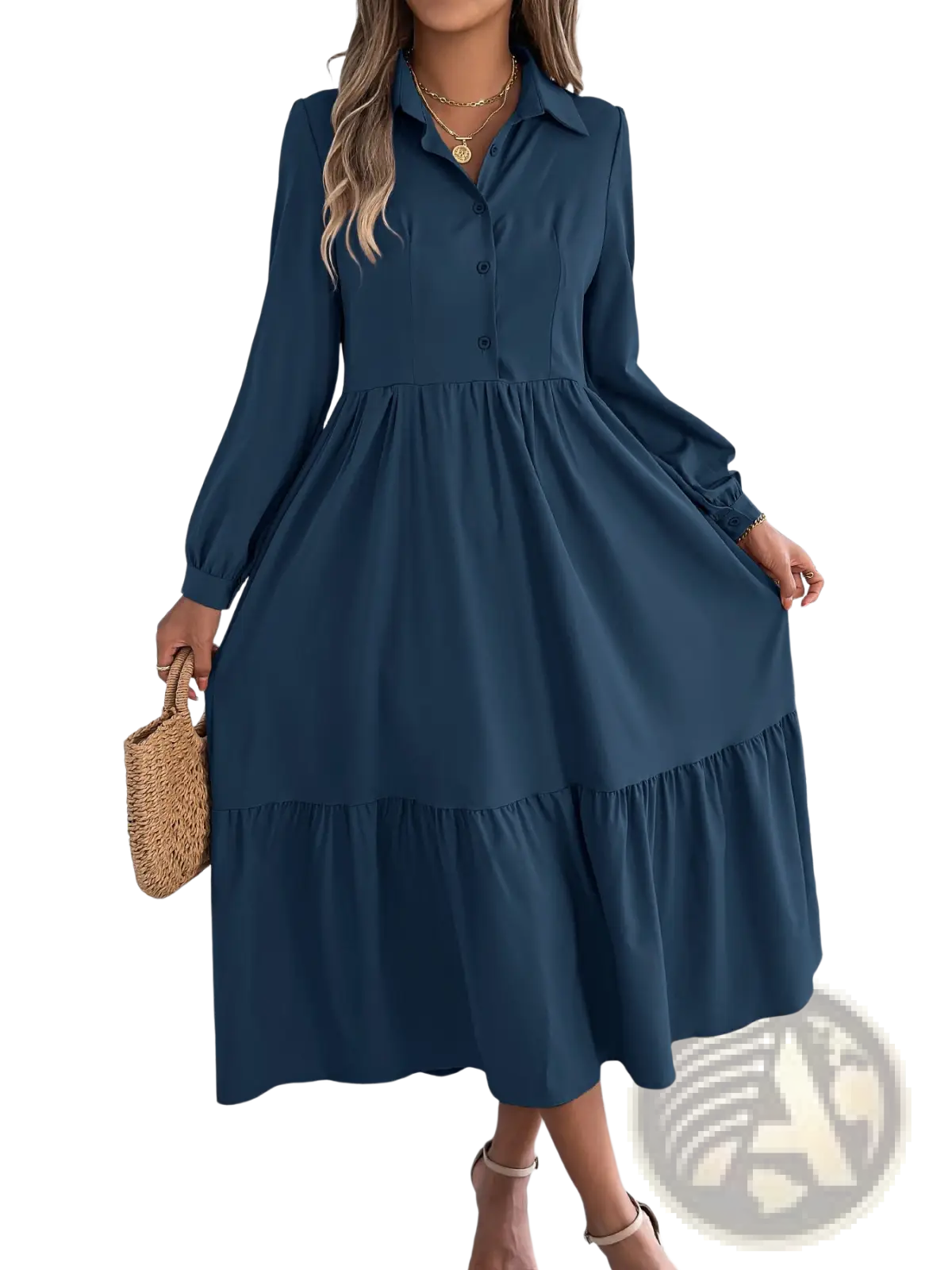 A navy blue long sleeve tiered midi dress with button down collar and ruffled hem for women