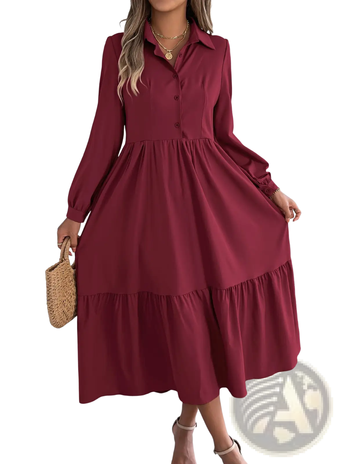 Women’s long sleeve burgundy button front midi dress with tiered skirt and collar made from lightweight fabric