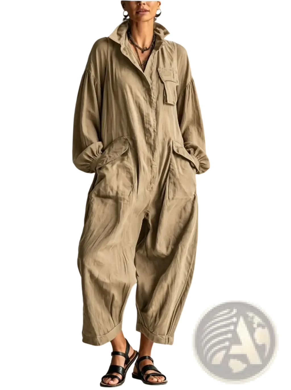 Beige linen women’s loose casual jumpsuit with relaxed fit oversized pockets and rolled cuffs
