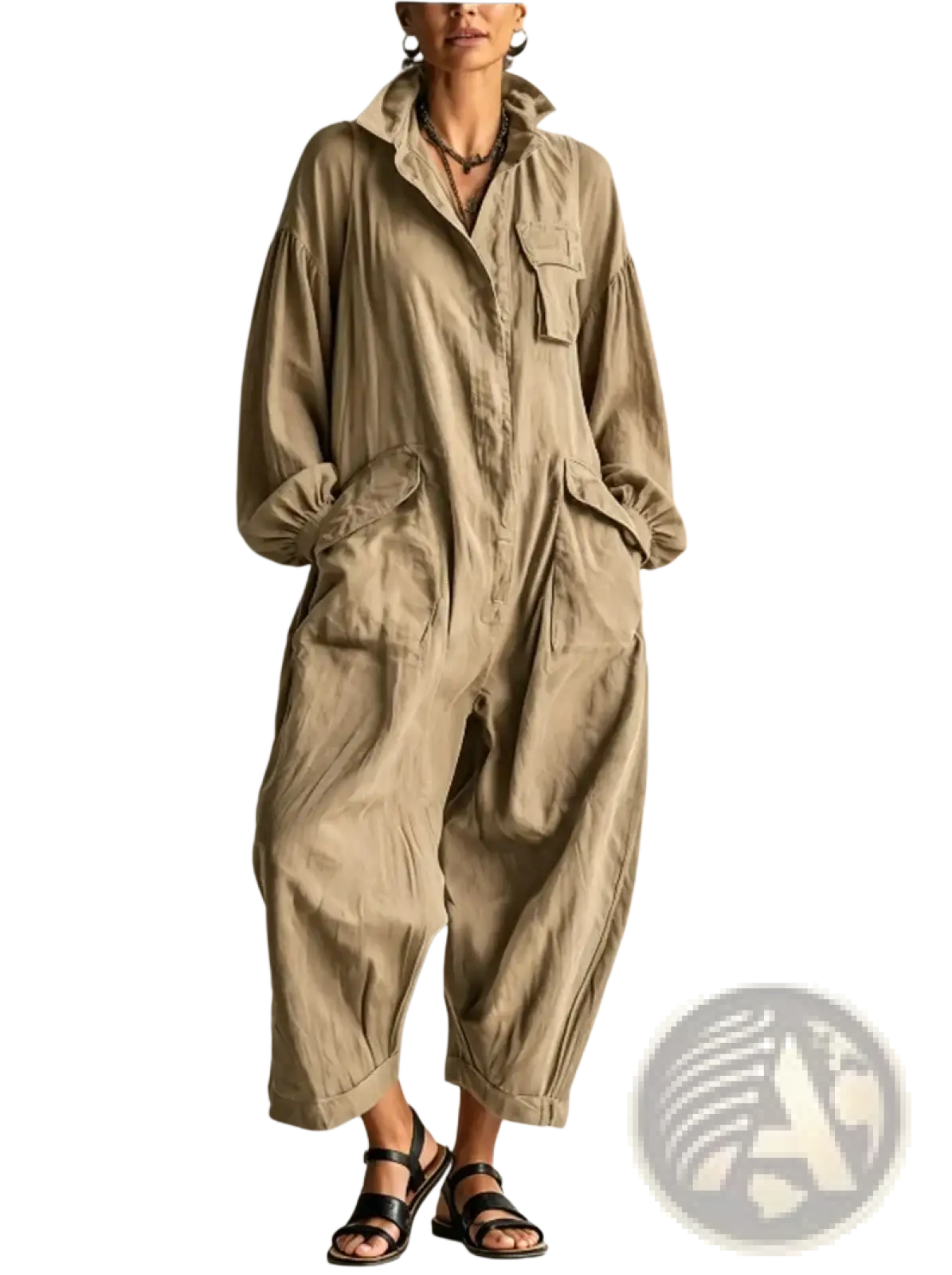 Beige linen women’s loose casual jumpsuit with relaxed fit oversized pockets and rolled cuffs