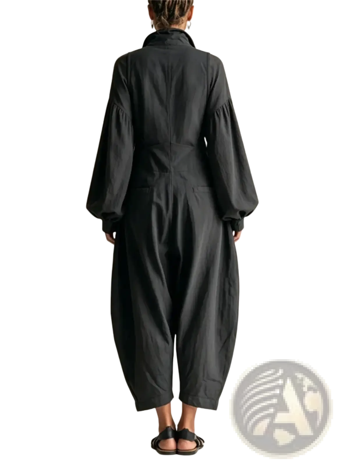 Women’s black loose casual jumpsuit with puffed sleeves, wide-leg pants, and functional pockets for comfortable wear