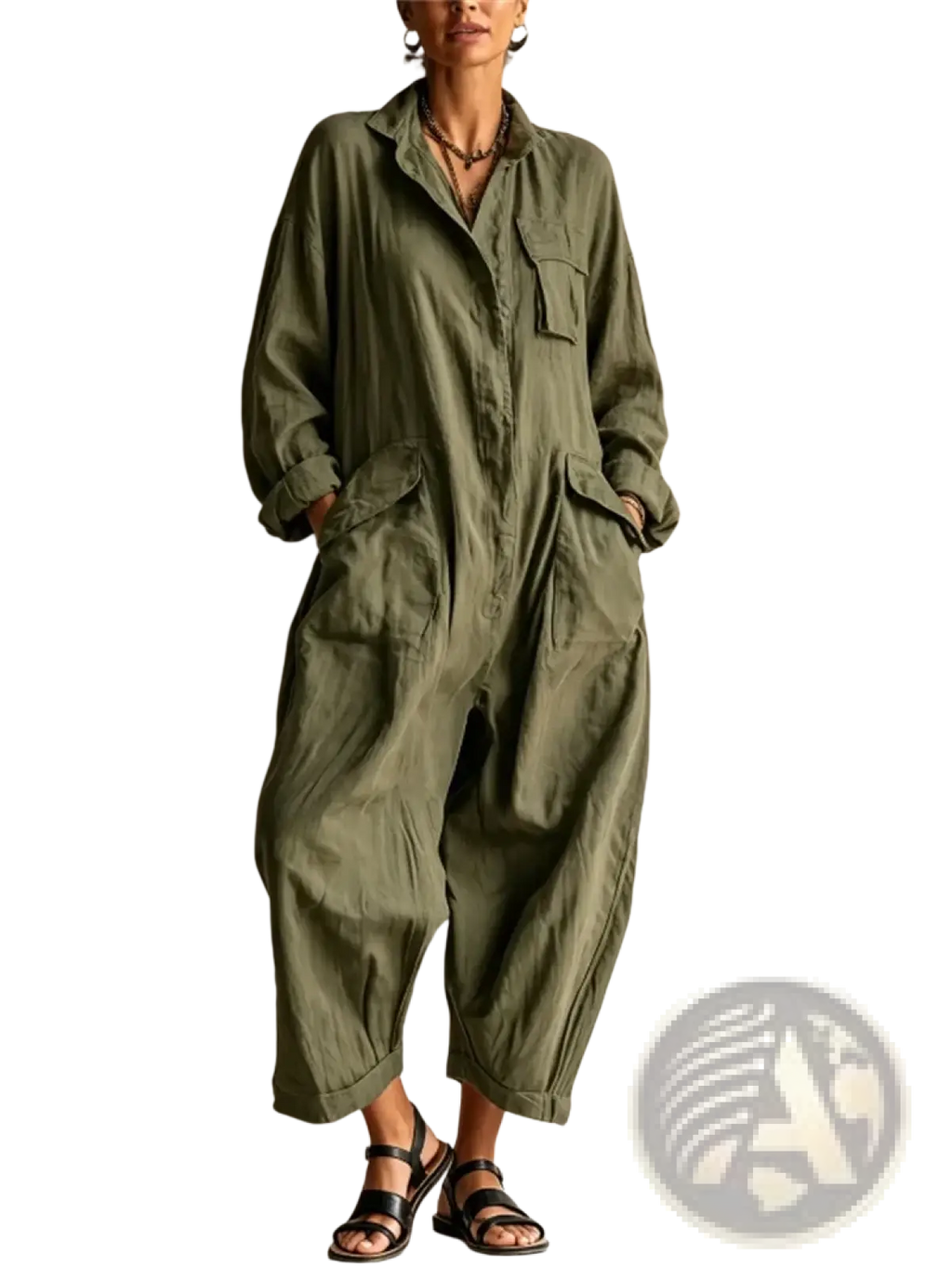 Woman wearing an olive green loose casual jumpsuit with multiple pockets and rolled cuffs made of soft fabric
