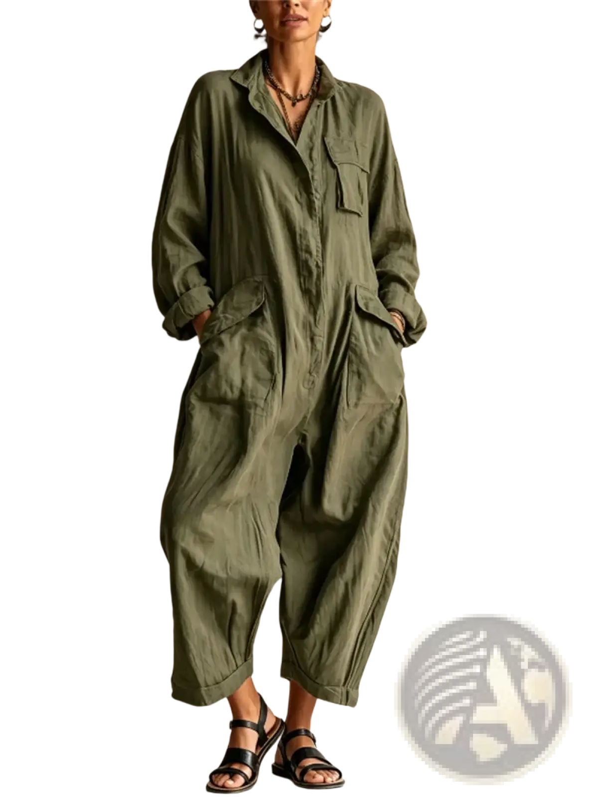 Woman wearing an olive green loose casual jumpsuit with multiple pockets and rolled cuffs made of soft fabric