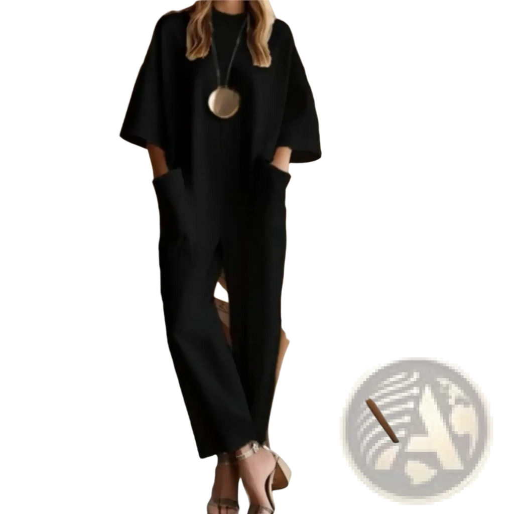 Black oversized loose casual short sleeve jumpsuit with wide sleeves and front pockets for women