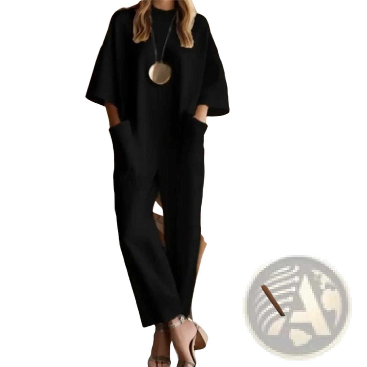 Black oversized loose casual short sleeve jumpsuit with wide sleeves and front pockets for women