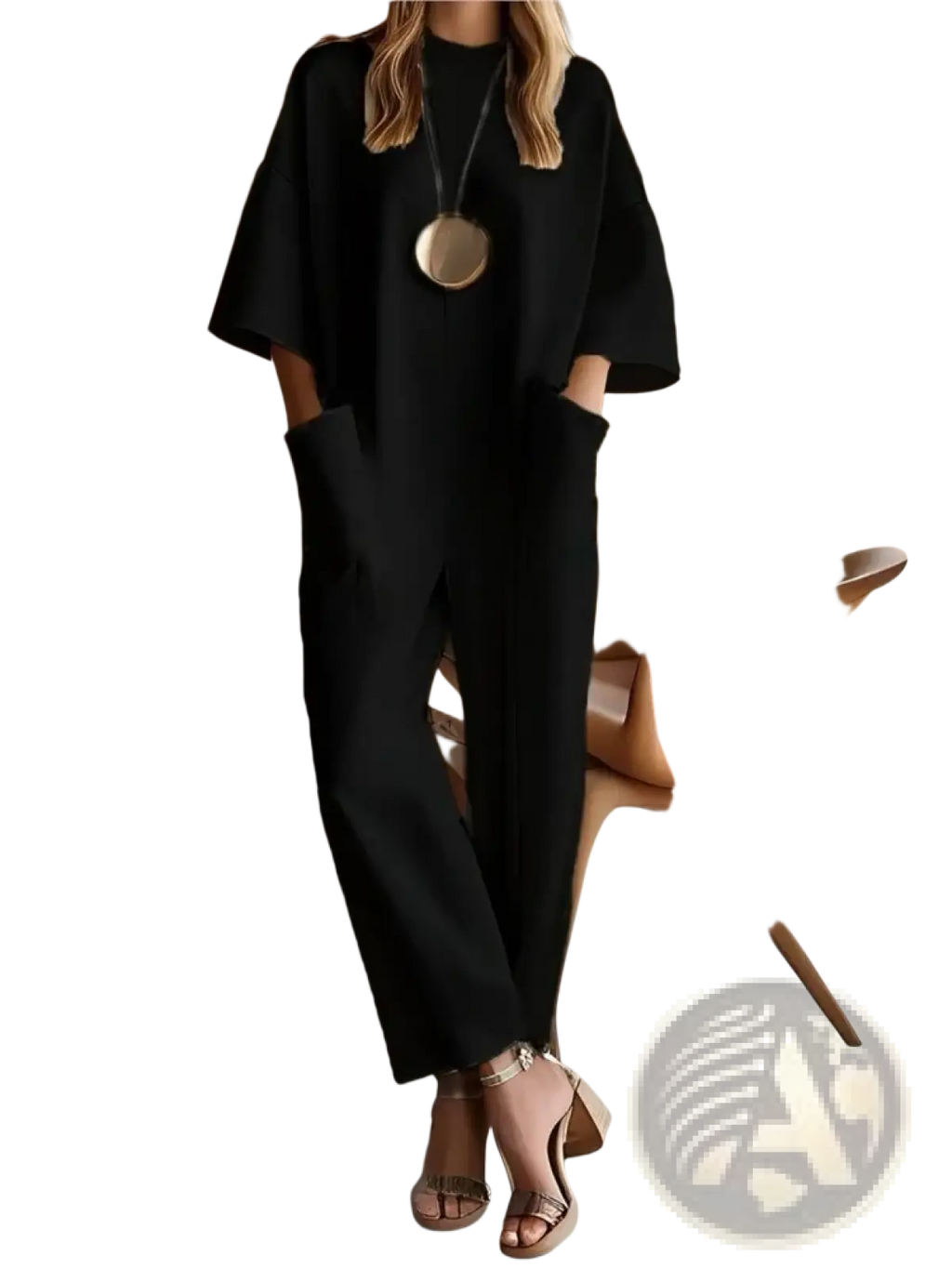 Women’s loose casual black oversized jumpsuit with wide sleeves and large front pockets for everyday wear