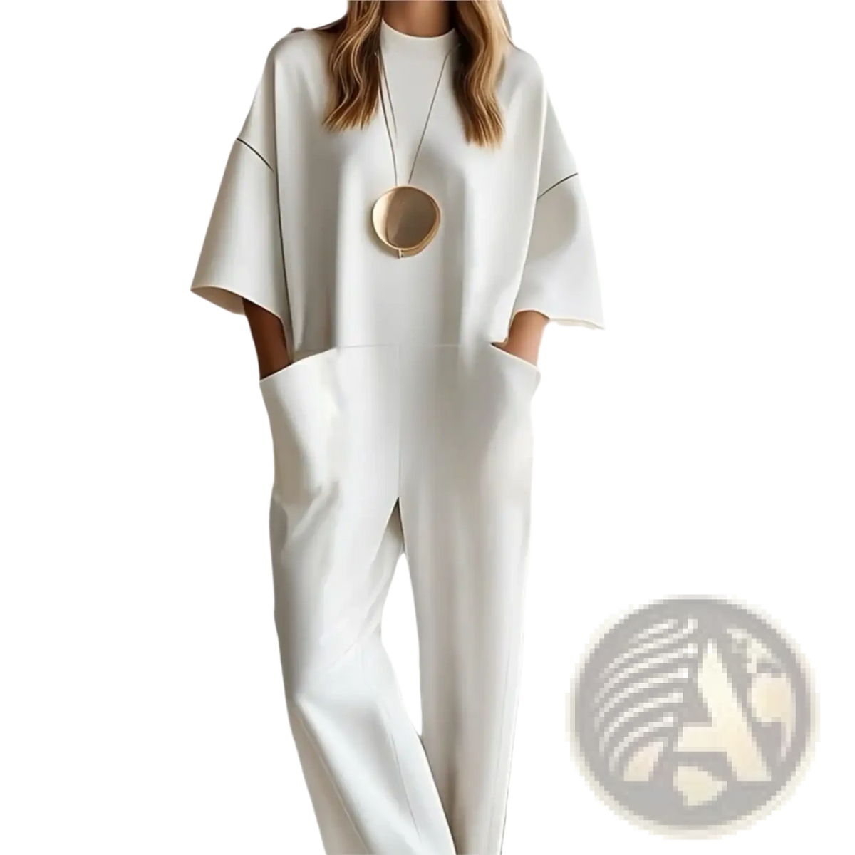 White oversized jumpsuit with bell sleeves and wide-leg pants designed for women’s loose casual wear