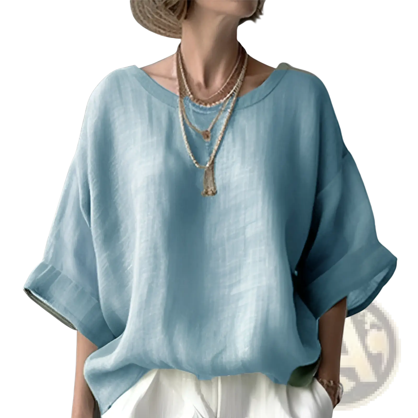 Women’s loose linen drop shoulder blouse in light blue with wide sleeves and a relaxed fit