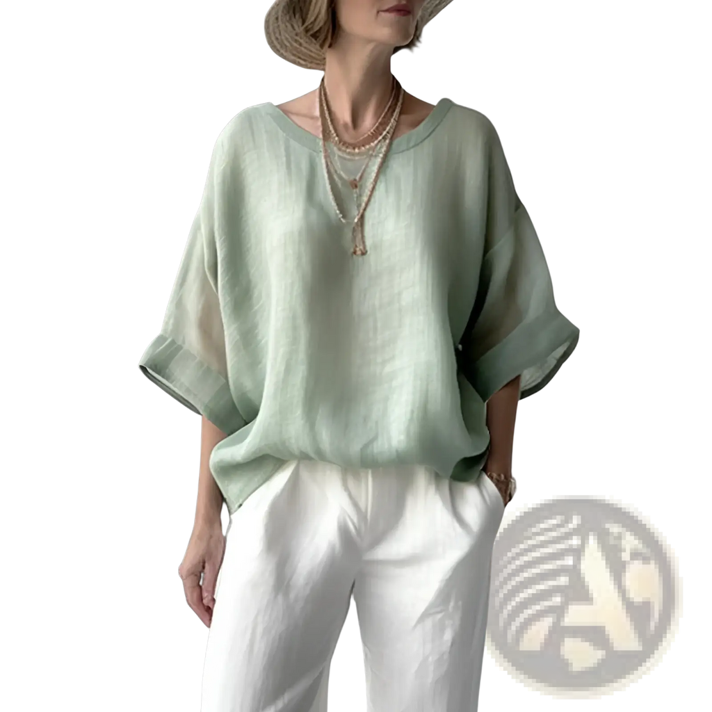 Light green women’s loose linen drop shoulder blouse with wide sleeves and relaxed fit