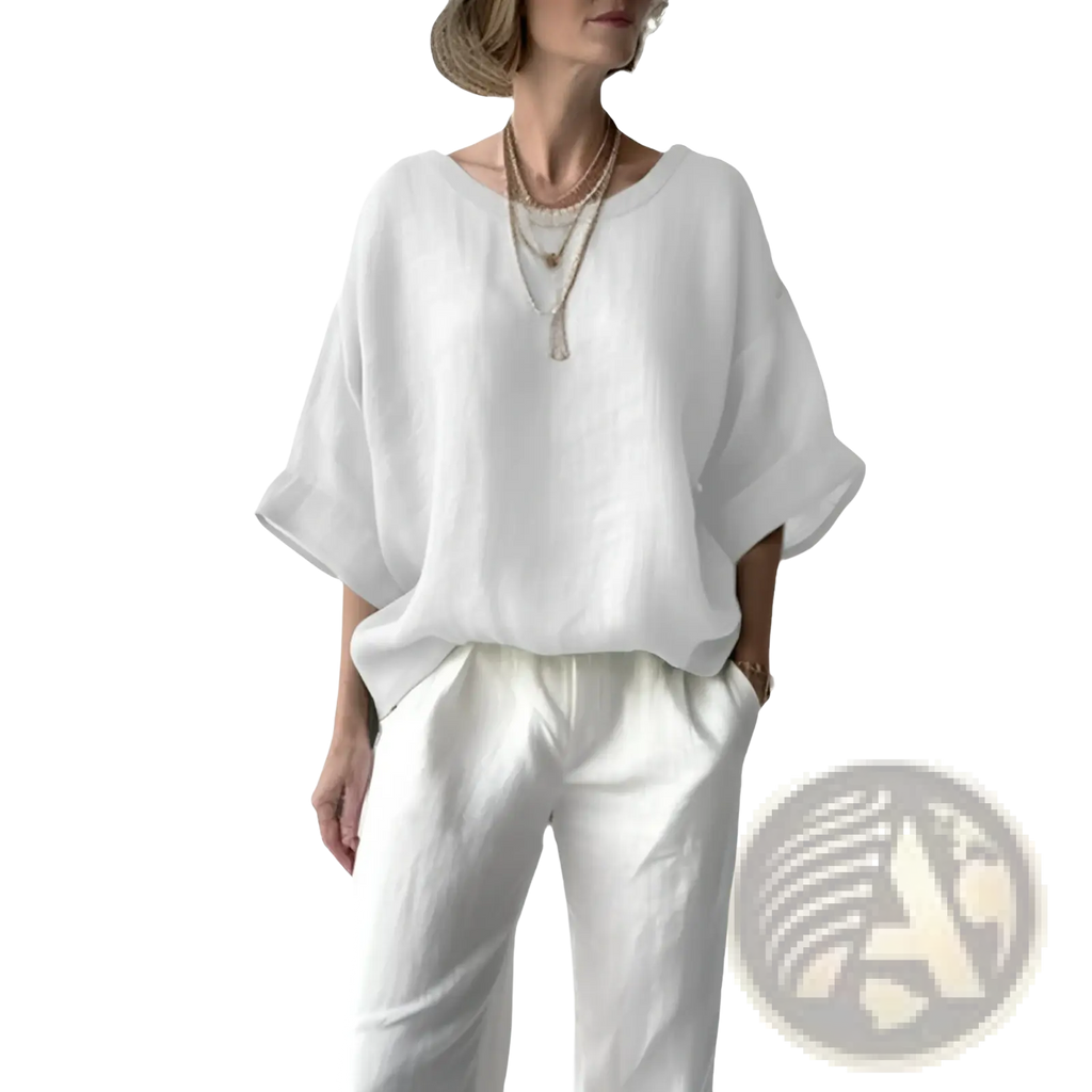 White women’s loose linen drop shoulder blouse with wide sleeves and relaxed fit for comfortable casual wear