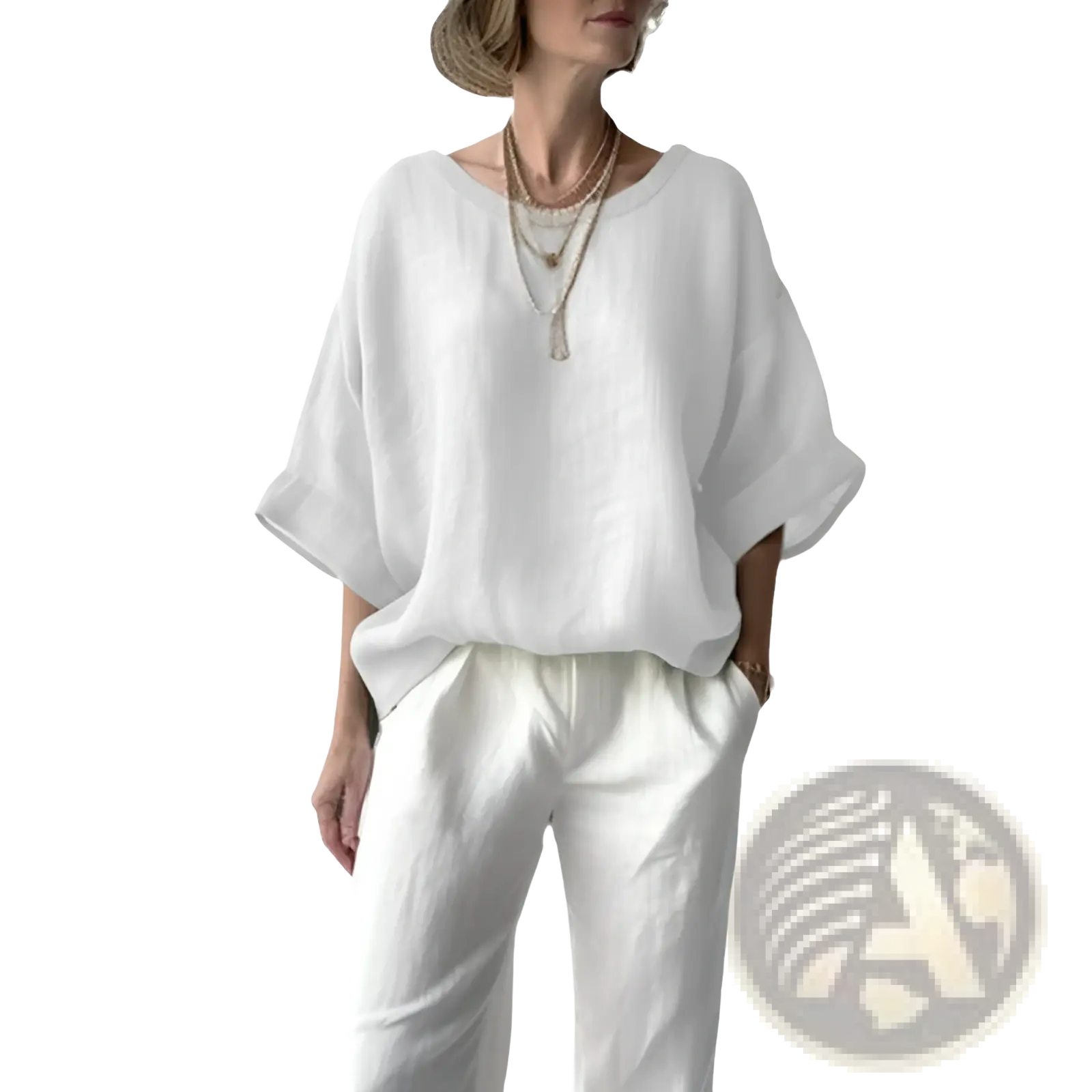 White women’s loose linen drop shoulder blouse with wide sleeves and relaxed fit for comfortable casual wear
