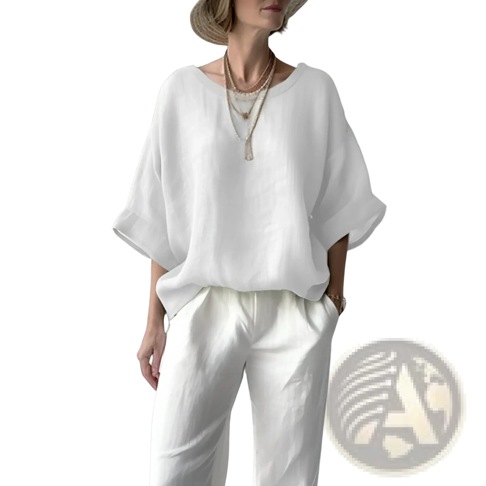 White loose linen drop shoulder blouse with wide sleeves and relaxed fit for women
