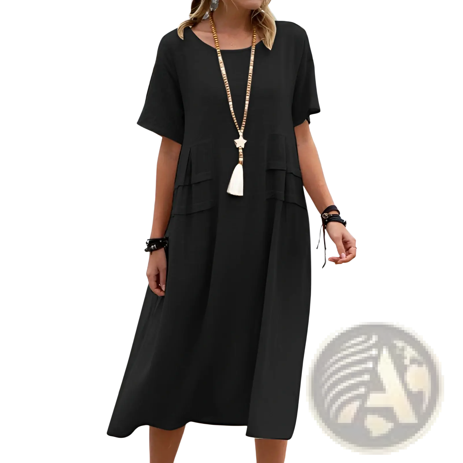 Black loose linen midi beach dress with short sleeves and tiered pockets designed for comfortable wear