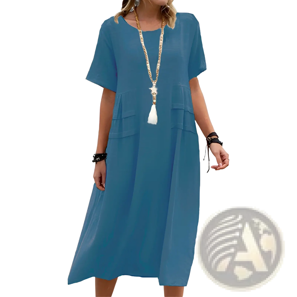 A flowing blue linen women’s loose short sleeve midi beach dress with subtle side pockets and relaxed fit