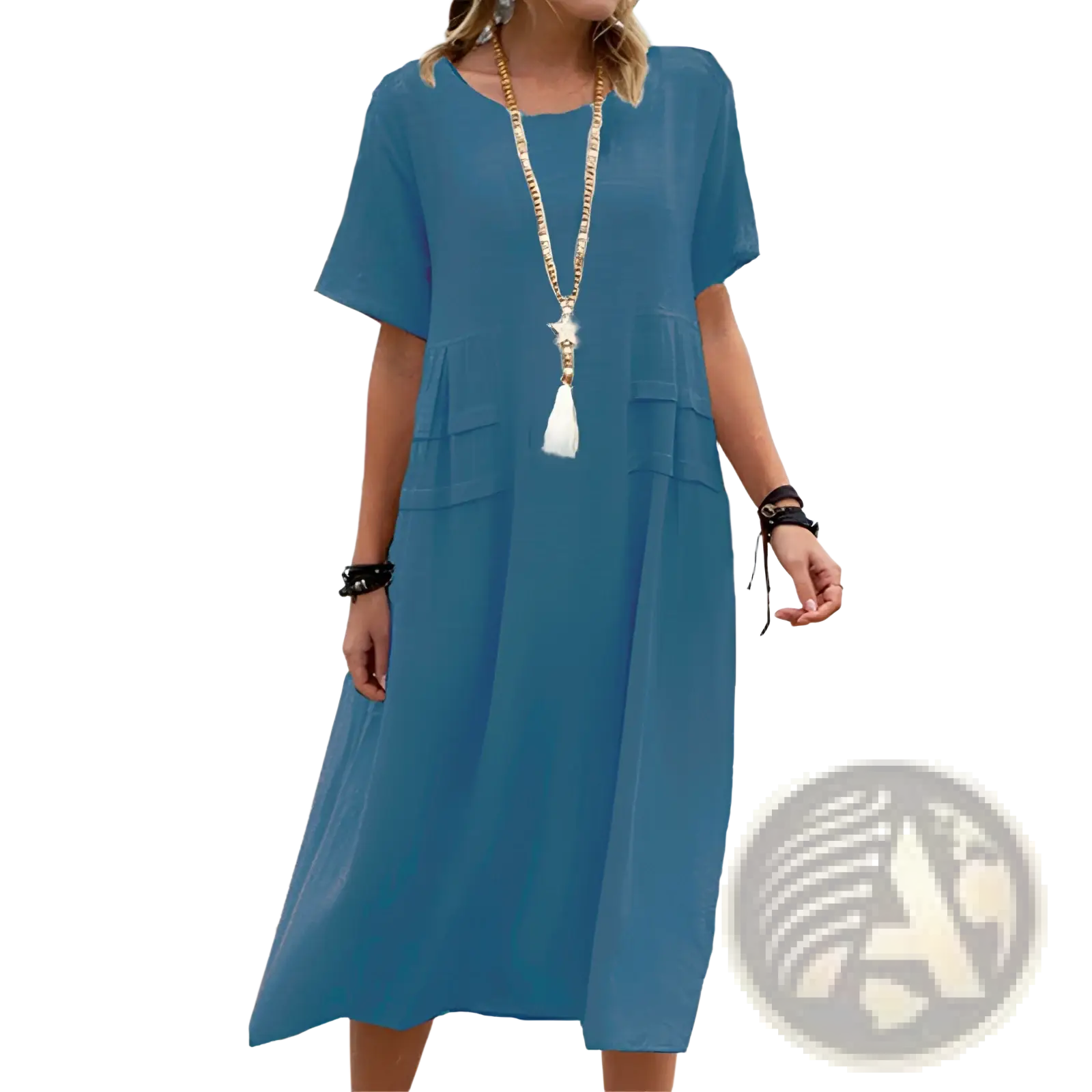 A flowing blue linen women’s loose short sleeve midi beach dress with subtle side pockets and relaxed fit