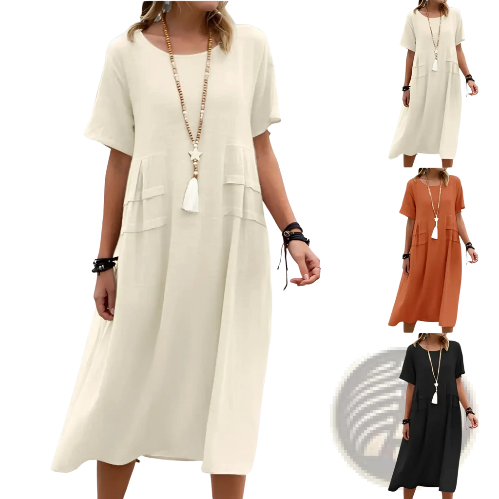 Cream-colored loose linen short sleeve midi dress with front pockets and a relaxed silhouette for beachwear