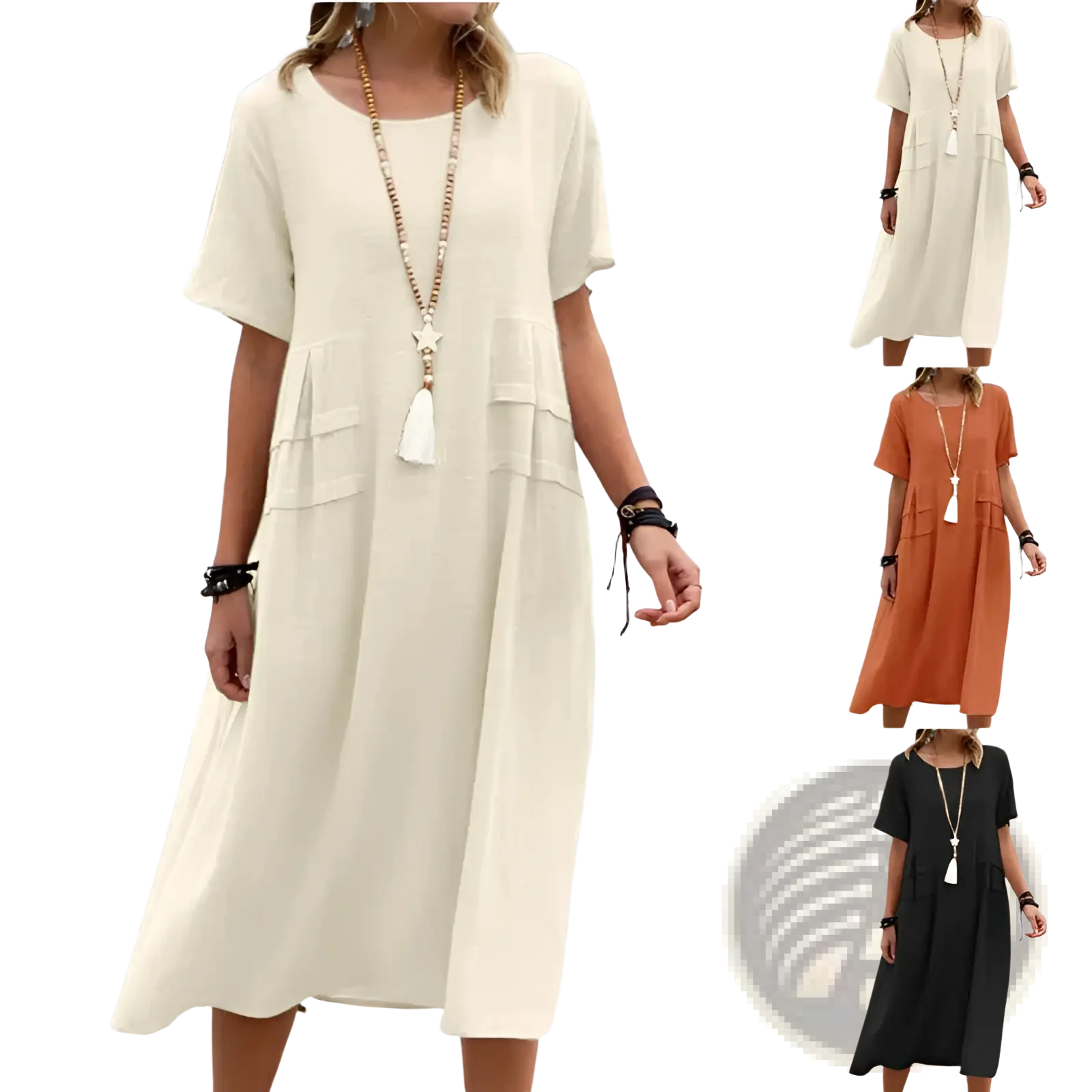 Cream-colored loose linen short sleeve midi dress with front pockets and a relaxed silhouette for beachwear