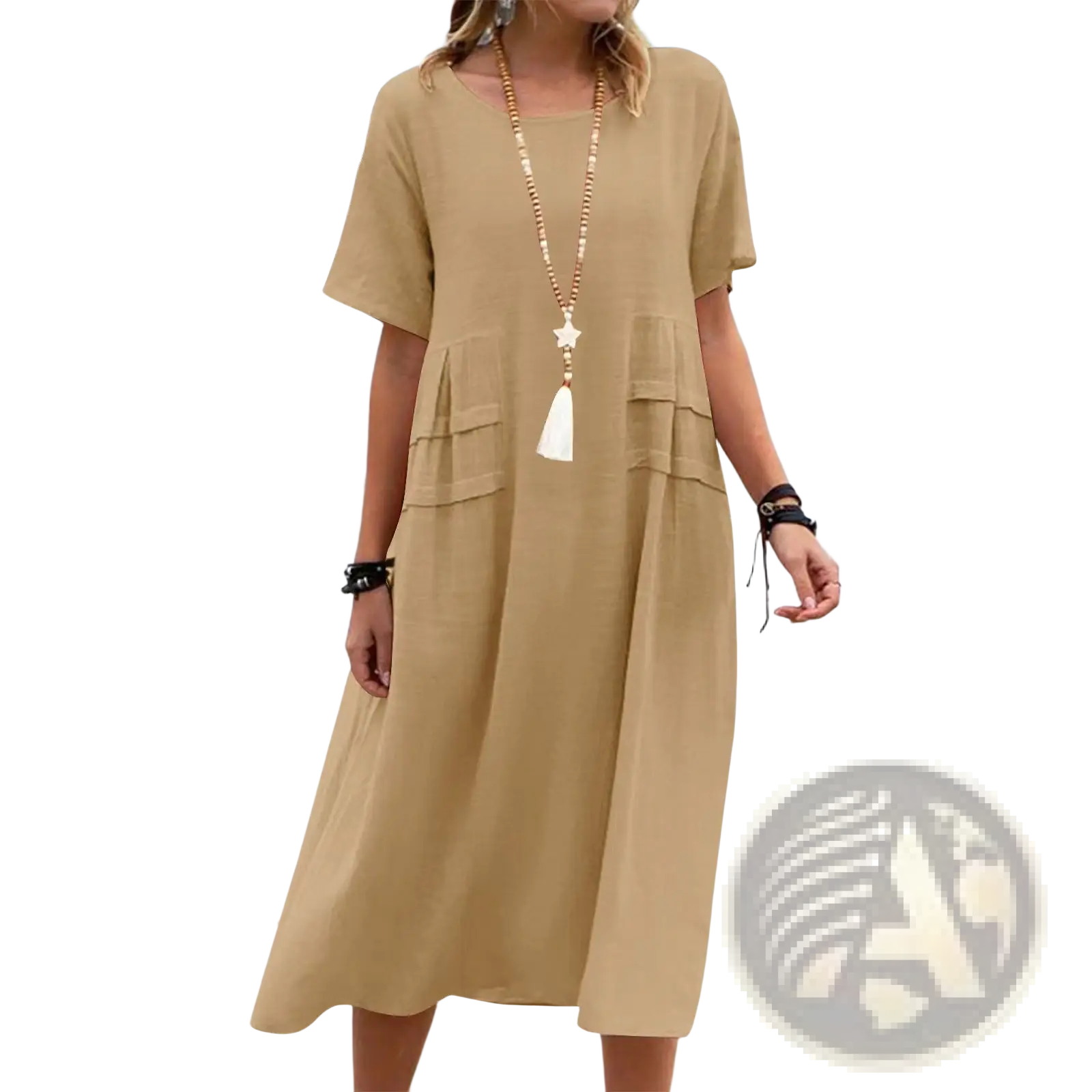 Beige women’s loose linen short sleeve midi beach dress with tiered pockets and a relaxed fit