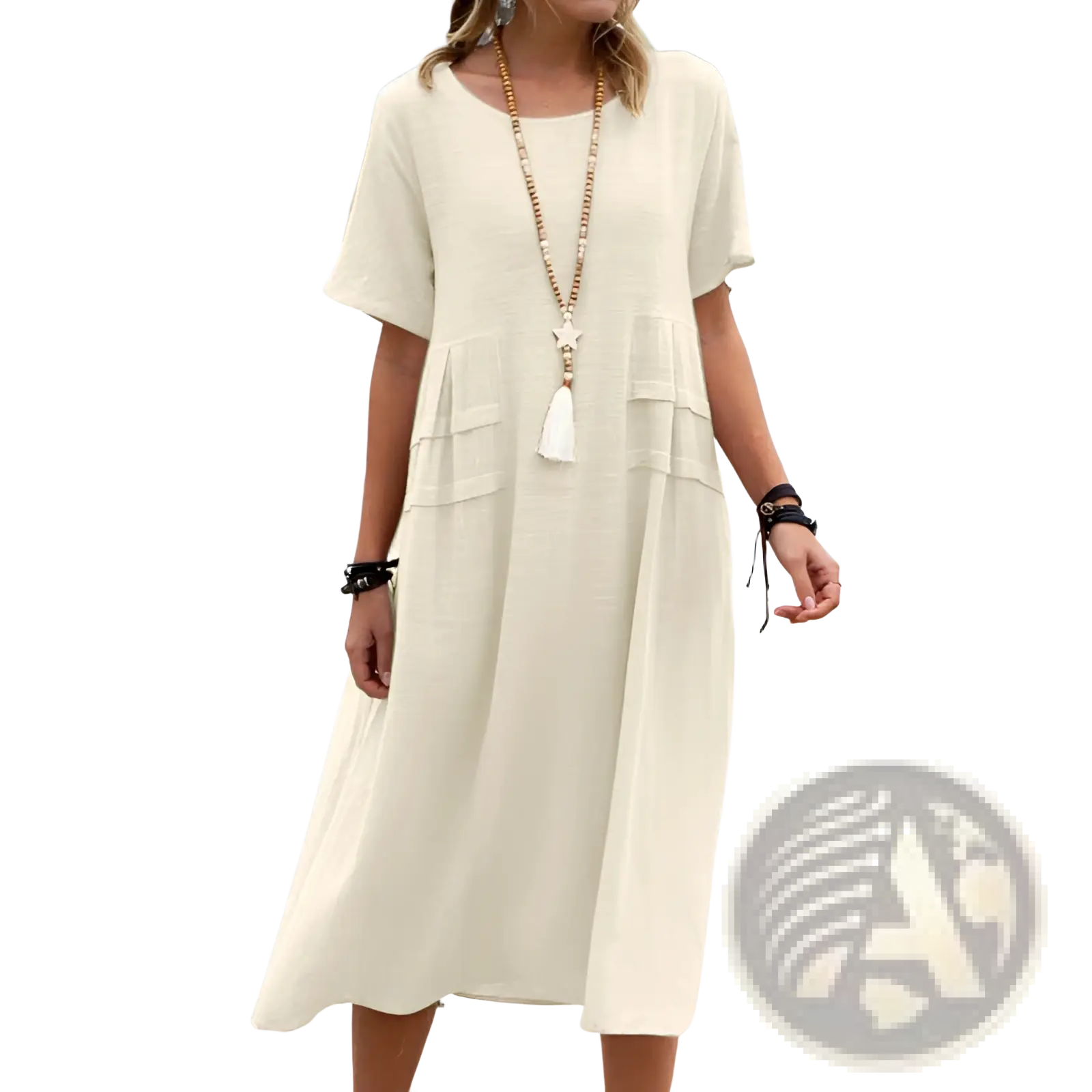 Women’s loose linen short sleeve midi beach dress in off-white cotton with flowing fabric and tiered front pockets