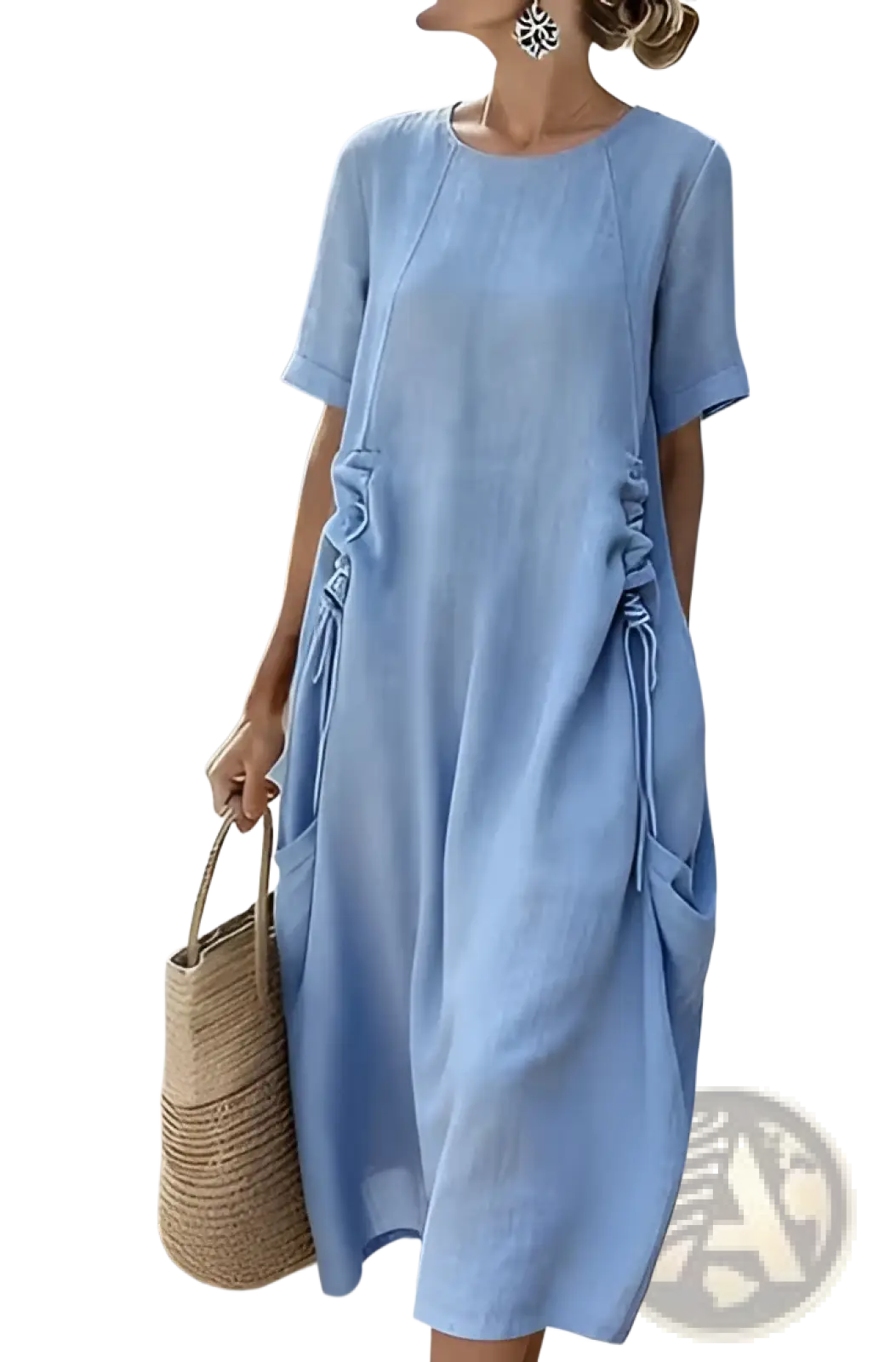 A light blue loose linen short sleeve midi beach dress with side ties designed for women