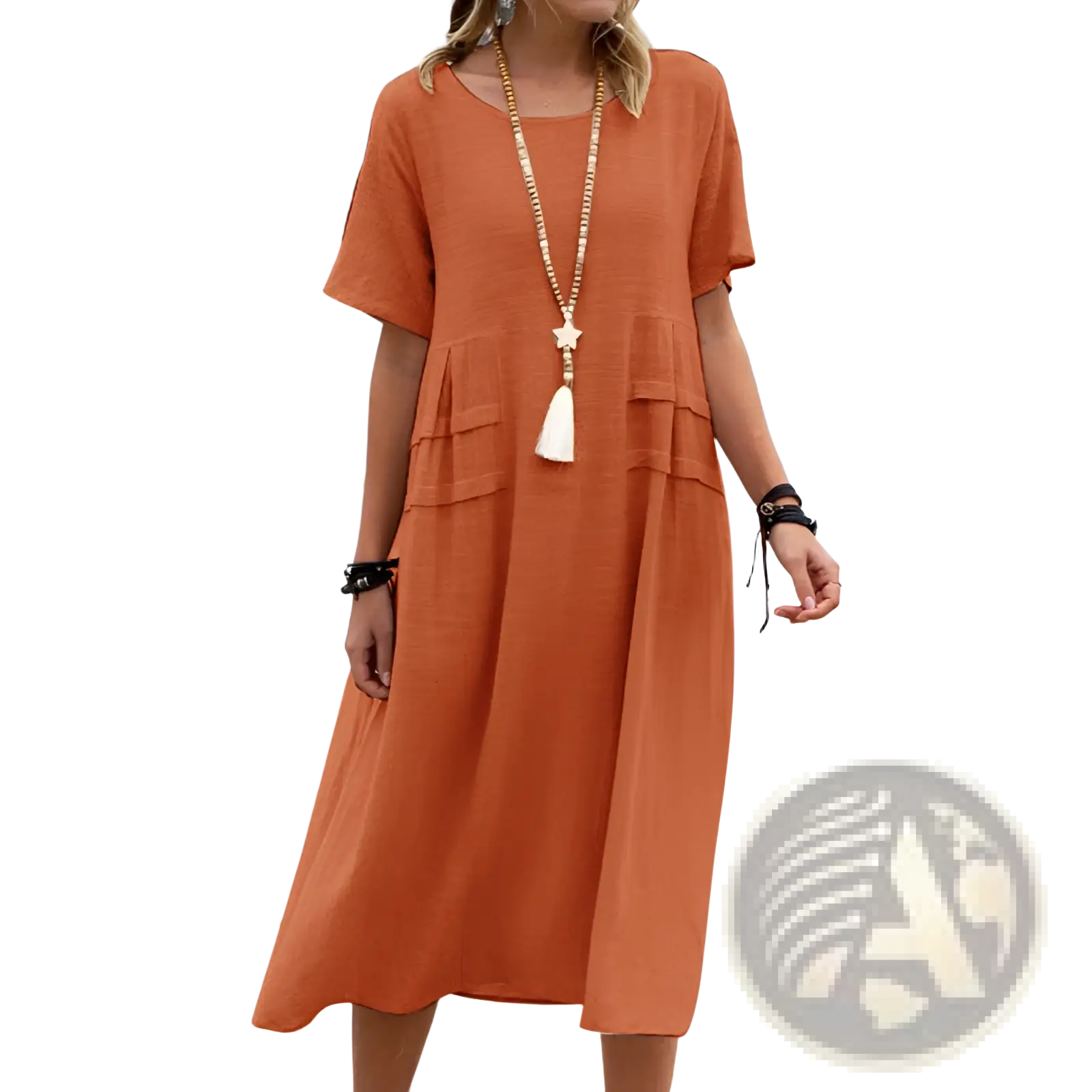 A flowing orange linen midi dress with short sleeves and tiered pockets for women’s beachwear