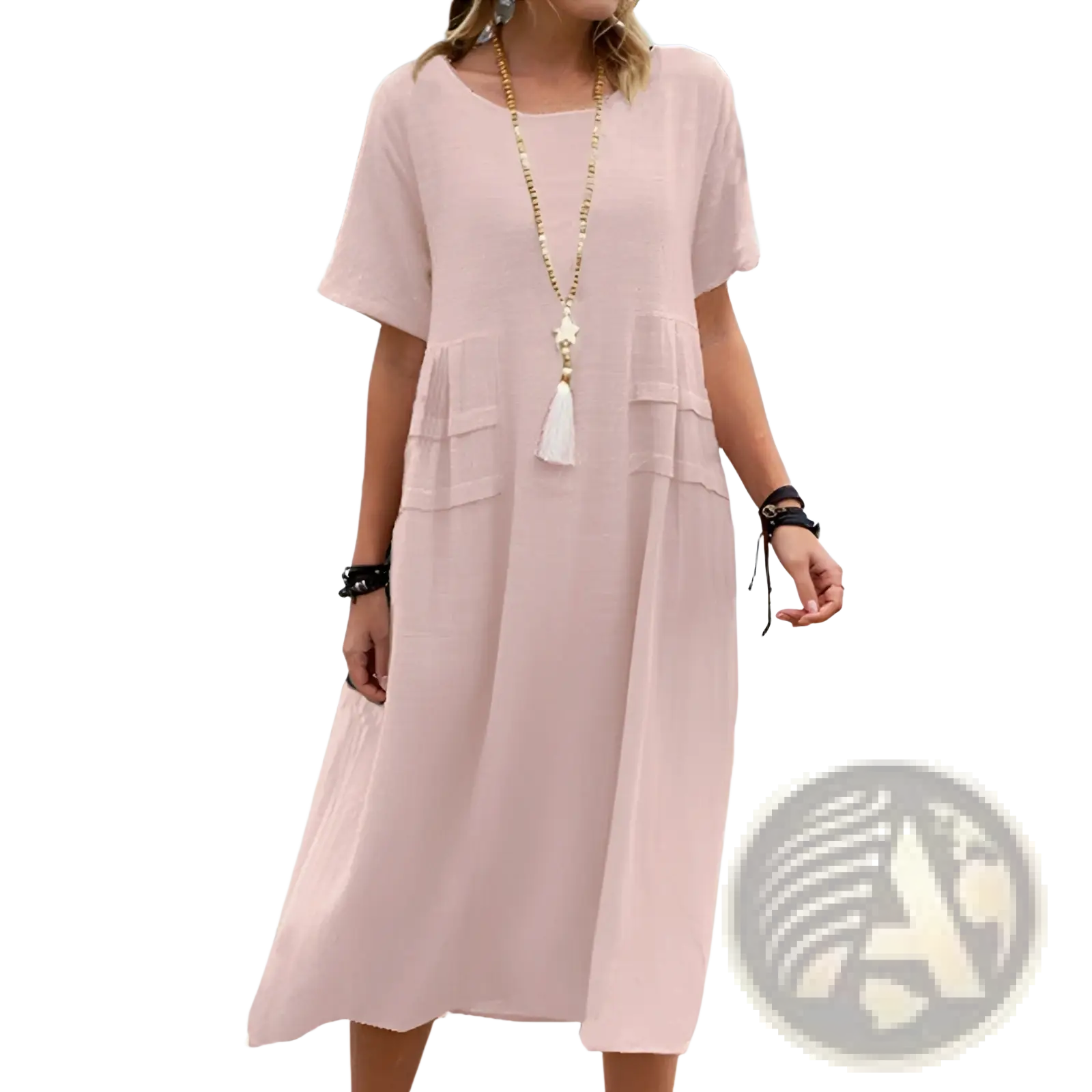 A soft pink loose linen short sleeve midi beach dress with tiered pockets for women