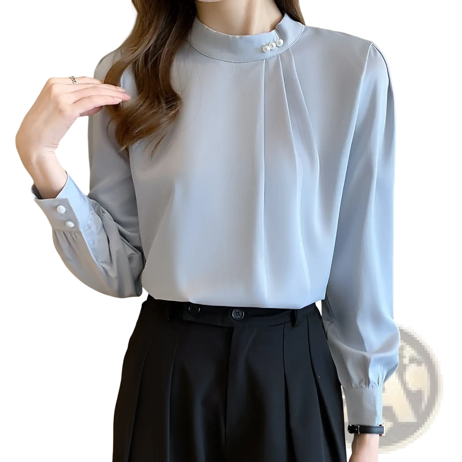Light blue loose satin blouse featuring pearl button details at the collar and cuffs for elegant wear