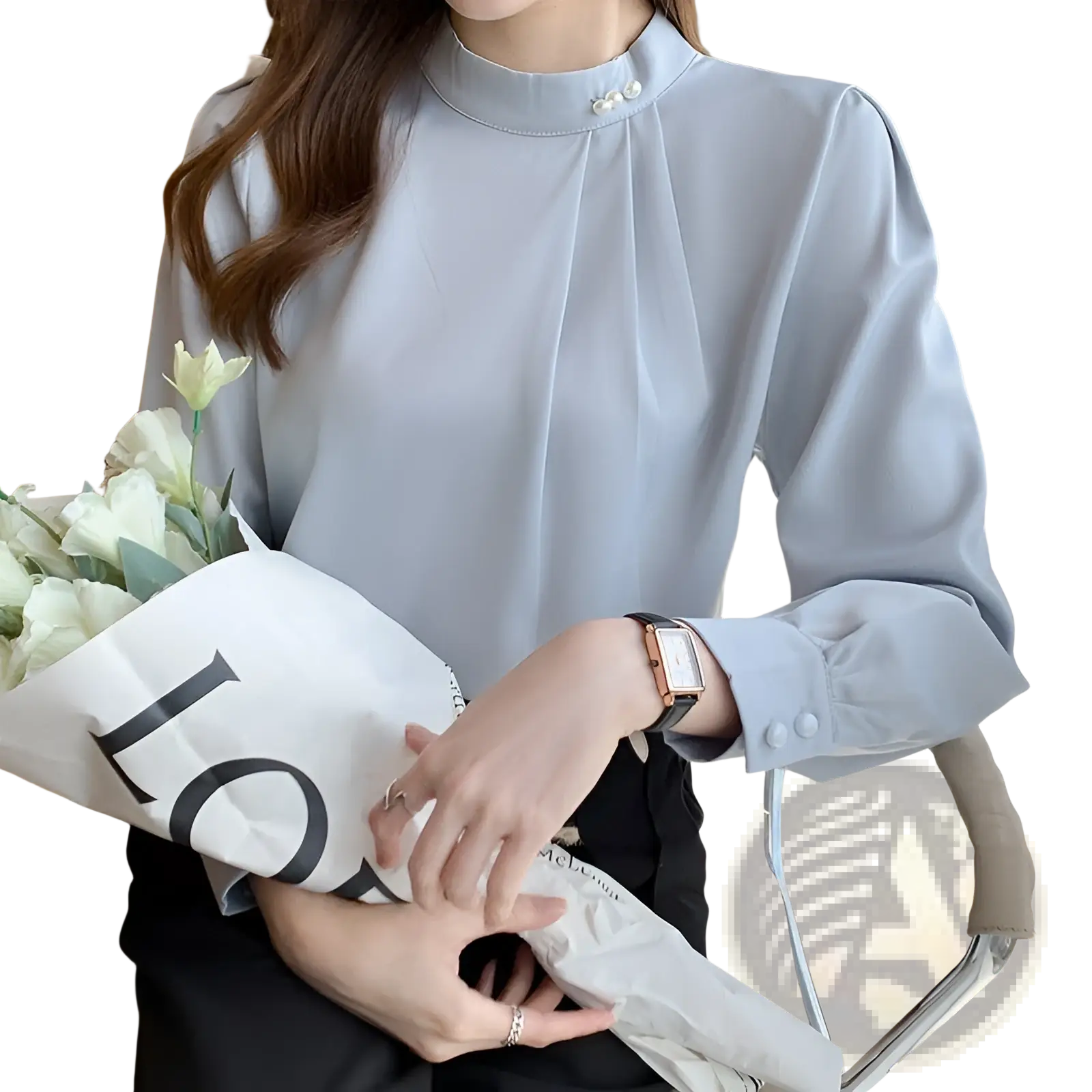 Light blue loose satin blouse with high neckline puff sleeves and pearl button accents for women