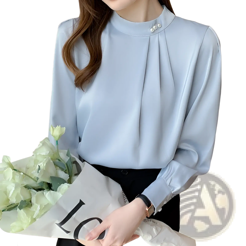Light blue loose satin blouse with high neckline pearl button accents and subtle front pleats for women