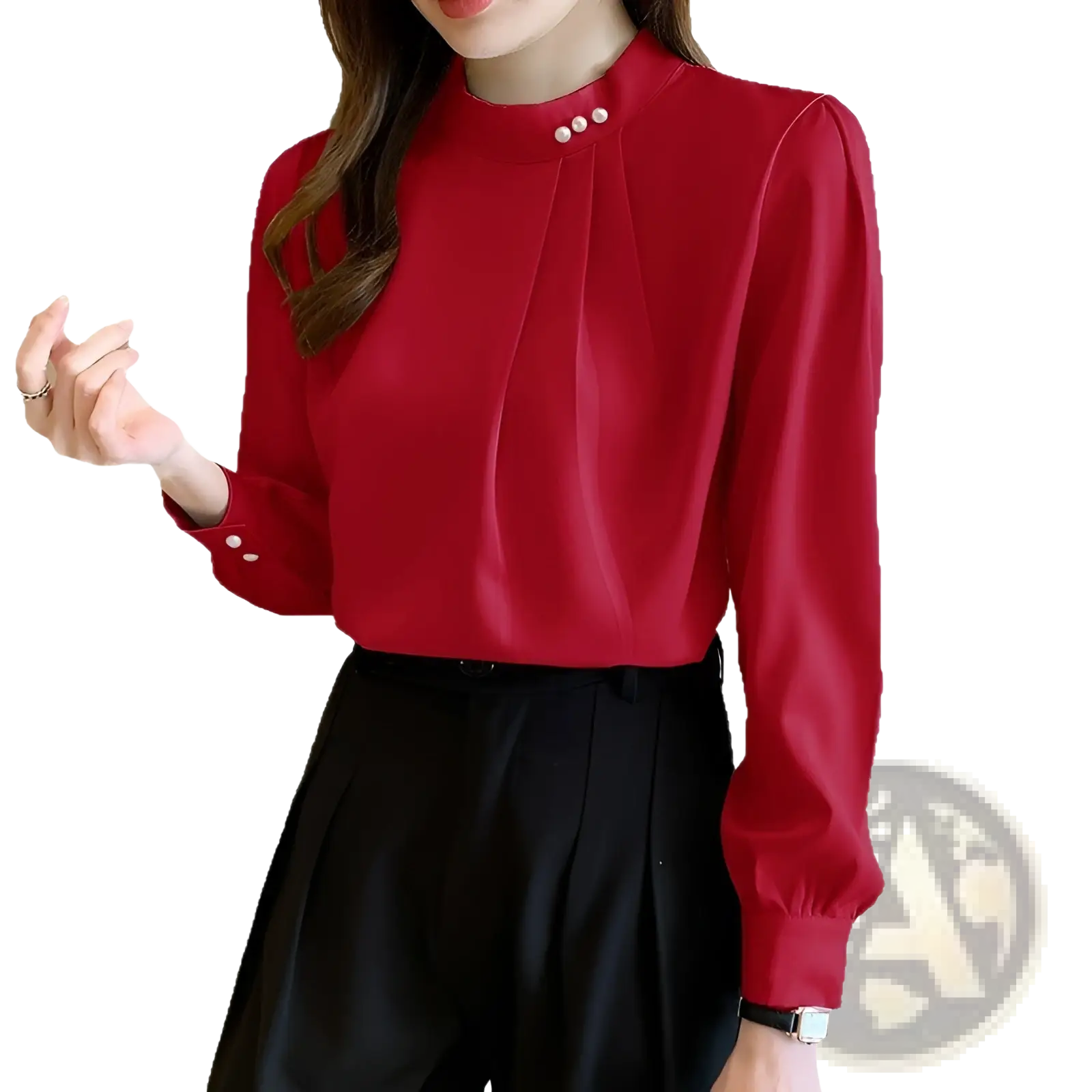 Red loose satin blouse with pearl button accents at the collar and cuffs for women’s elegant wear