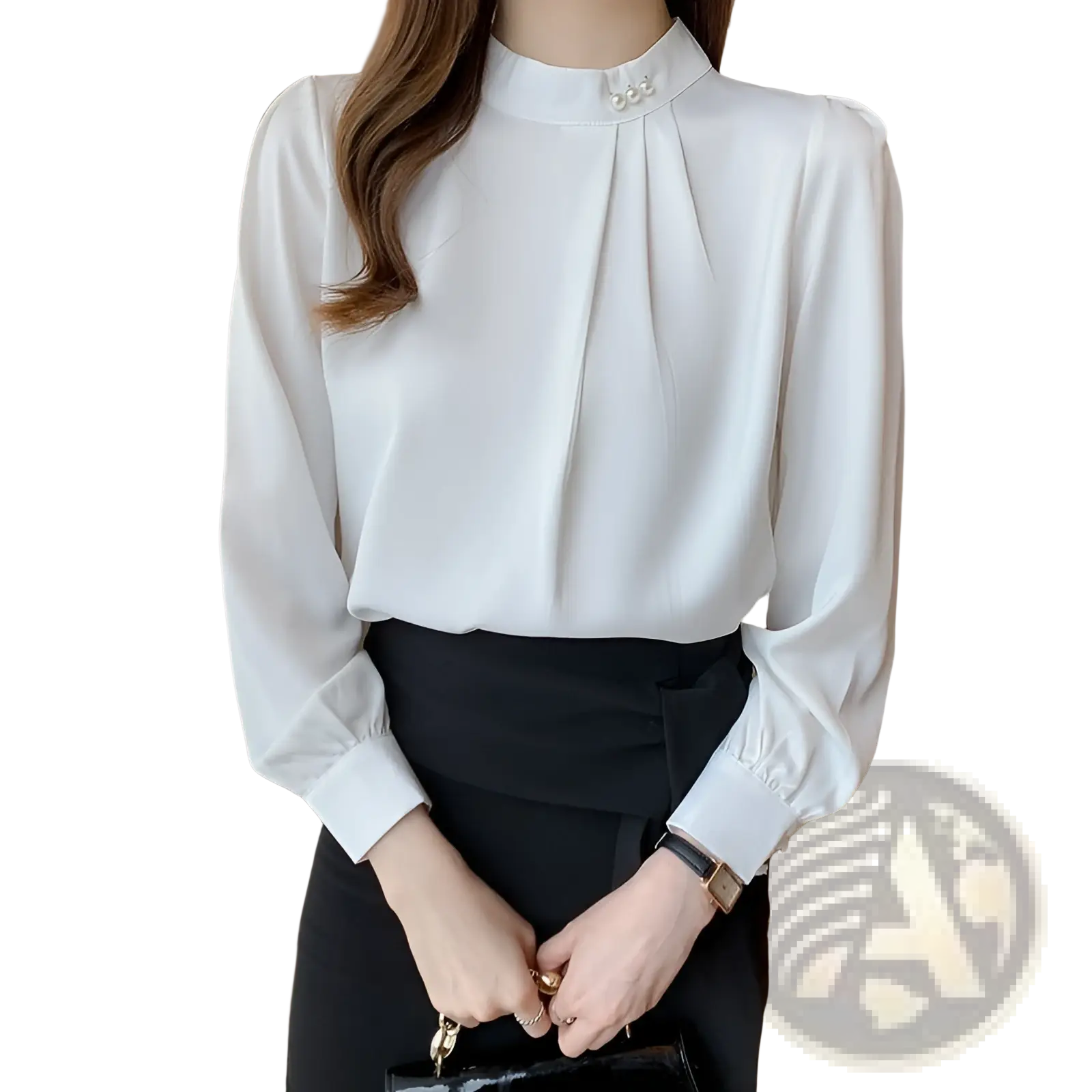 White satin blouse for women with long sleeves, high collar, and three pearl button accents at the neckline