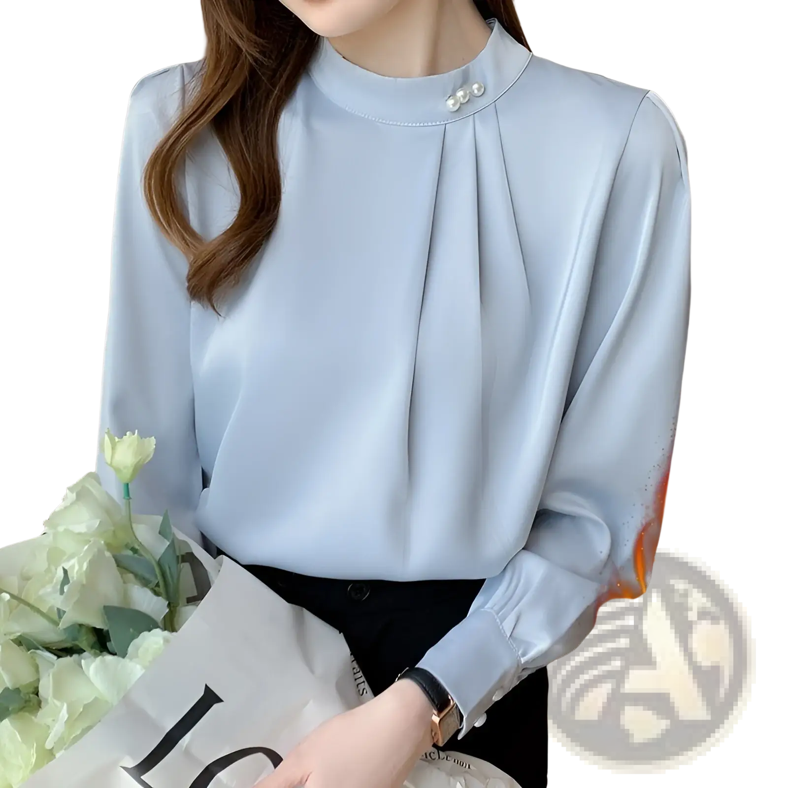 Women’s loose light blue satin blouse with long sleeves and pearl button accents at the collar