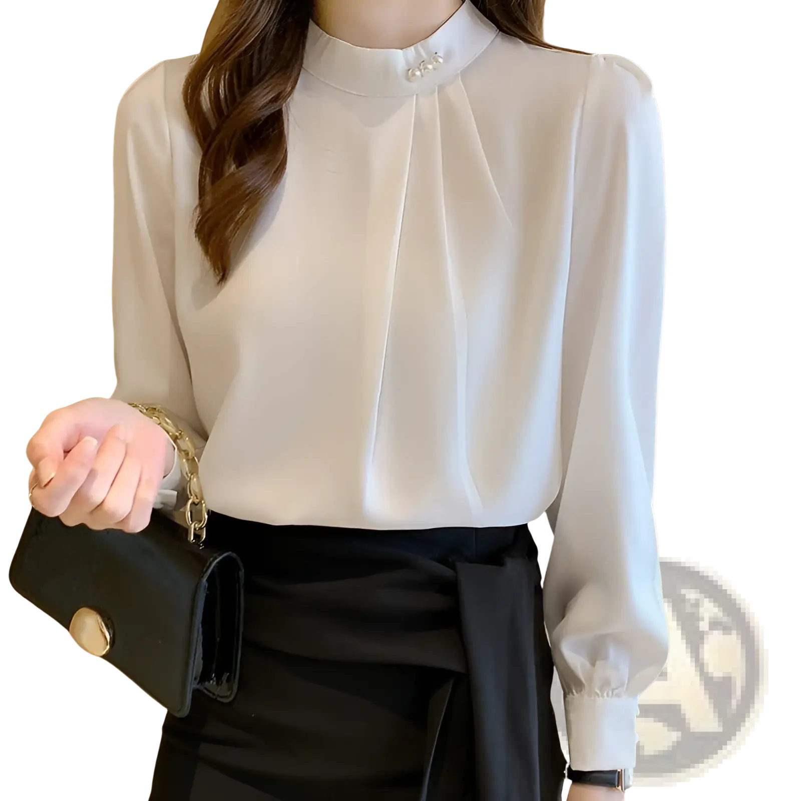 White satin women’s loose blouse with high collar, pearl button accents, and long sleeves with puffed shoulders