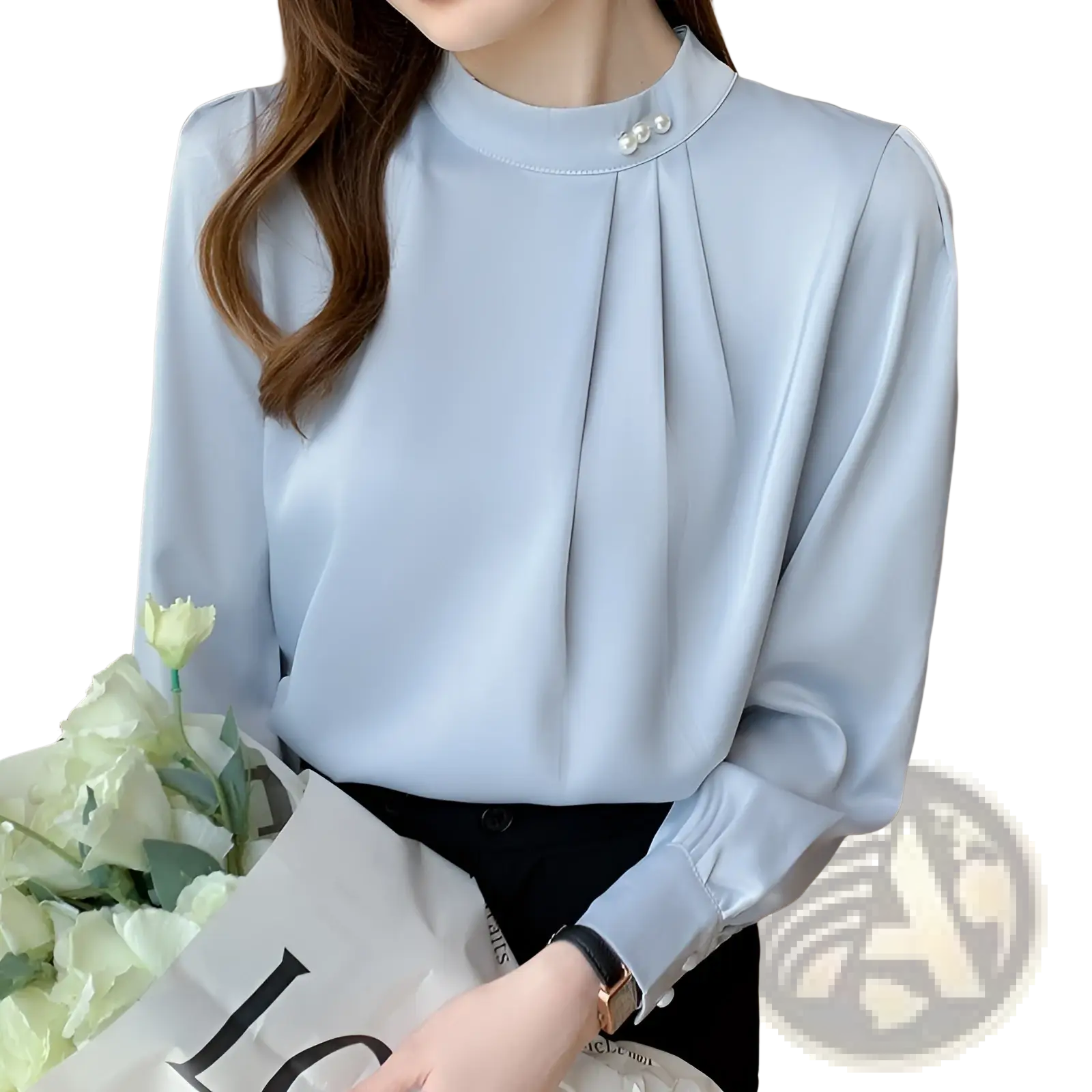 Light blue satin blouse with long sleeves high neckline and three pearl button accents for women