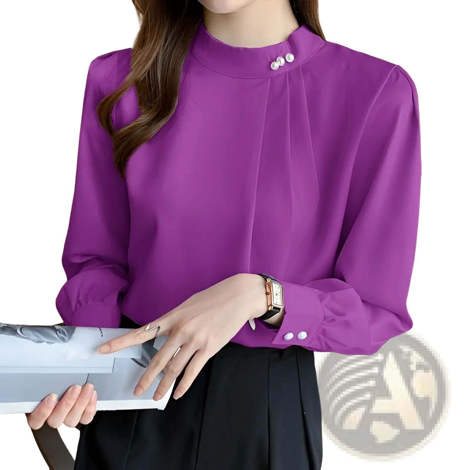 Women’s loose satin blouse in vibrant purple with long sleeves high neckline and pearl button accents at collar and cuffs