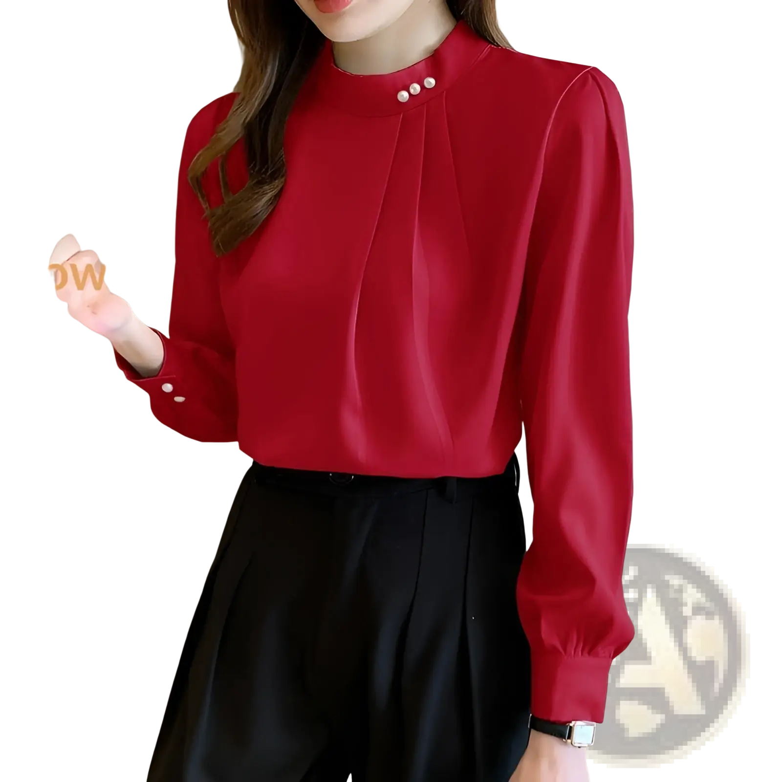 Red satin loose women’s blouse with pearl button accents at collar and cuffs for elegant wear