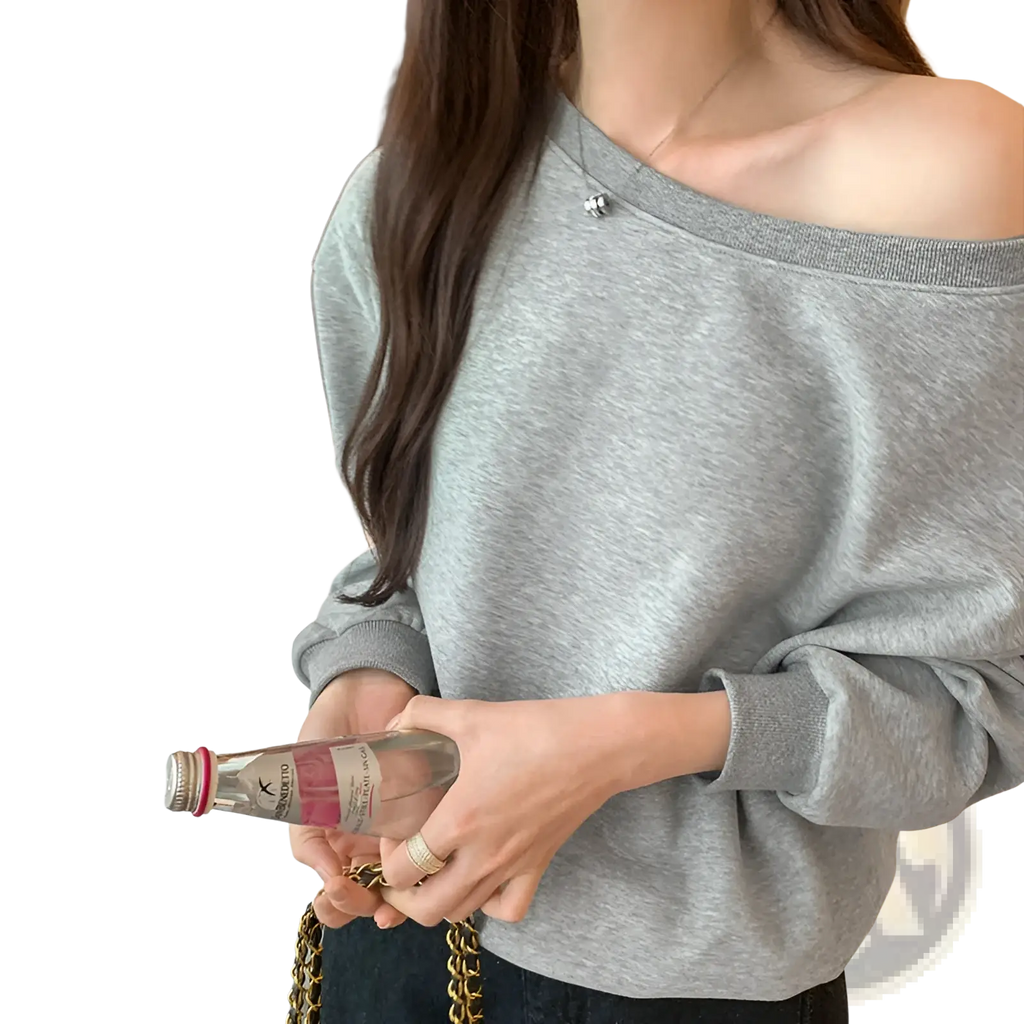 Gray women’s loose off shoulder ribbed knit sweater with ribbed cuffs and neckline in soft knit fabric