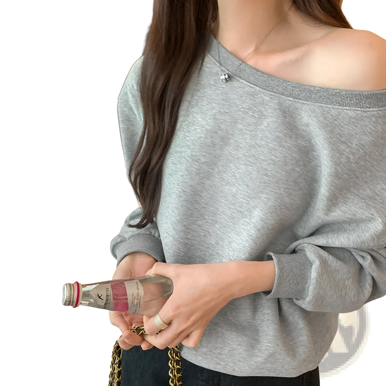 Gray women’s loose off shoulder ribbed knit sweater with ribbed cuffs and neckline in soft knit fabric