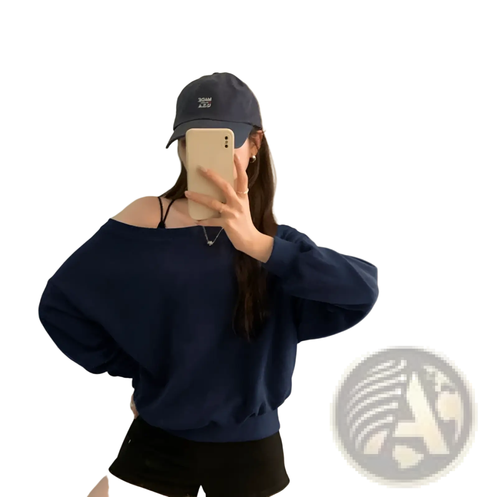 Navy blue women’s loose off shoulder ribbed knit sweater with long sleeves and ribbed cuffs displayed front view