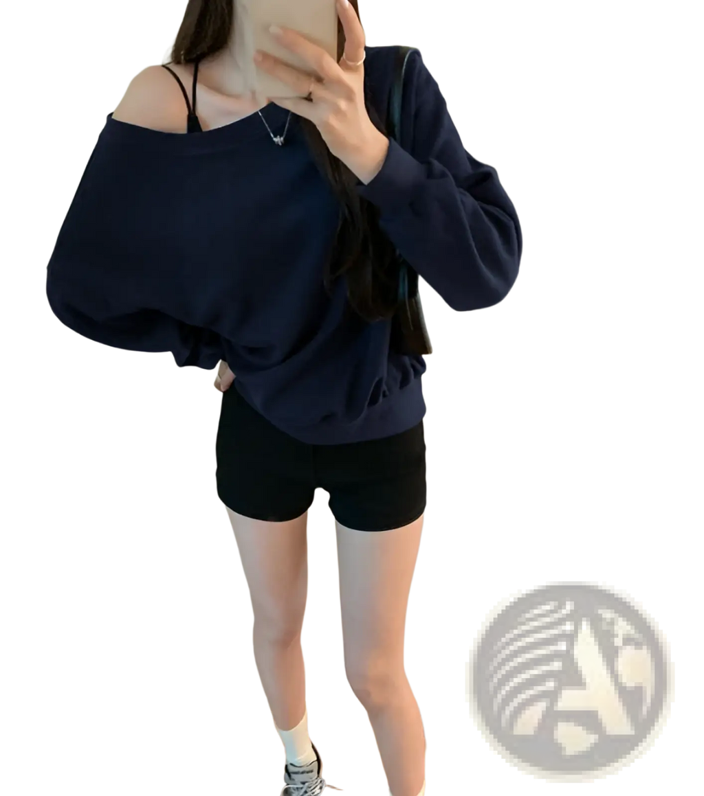 Navy blue women’s loose off shoulder ribbed knit sweater with long sleeves and comfortable fit