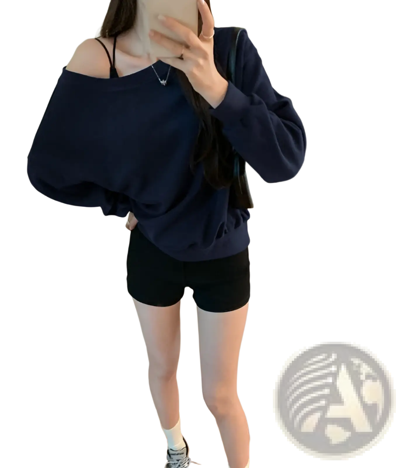 Navy blue women’s loose off shoulder ribbed knit sweater with long sleeves and comfortable fit