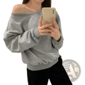 Gray loose off shoulder ribbed knit sweater with long sleeves and relaxed fit for women