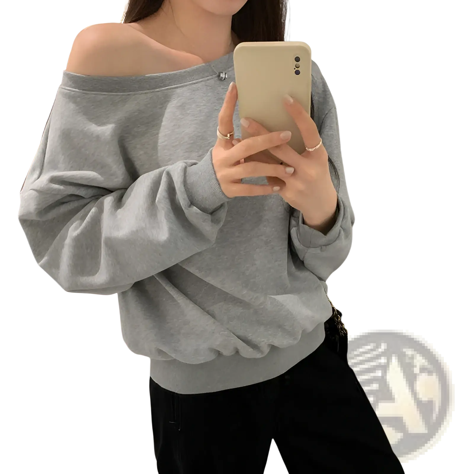 Gray loose off shoulder ribbed knit sweater with long sleeves and relaxed fit for women