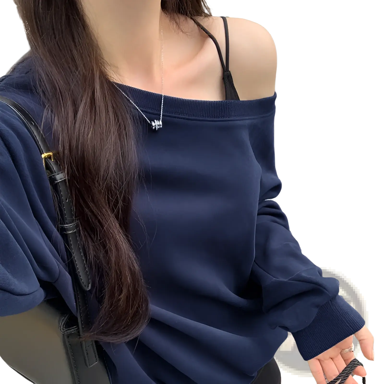 Navy blue women’s loose off shoulder ribbed knit sweater with ribbed cuffs and neckline in soft fabric