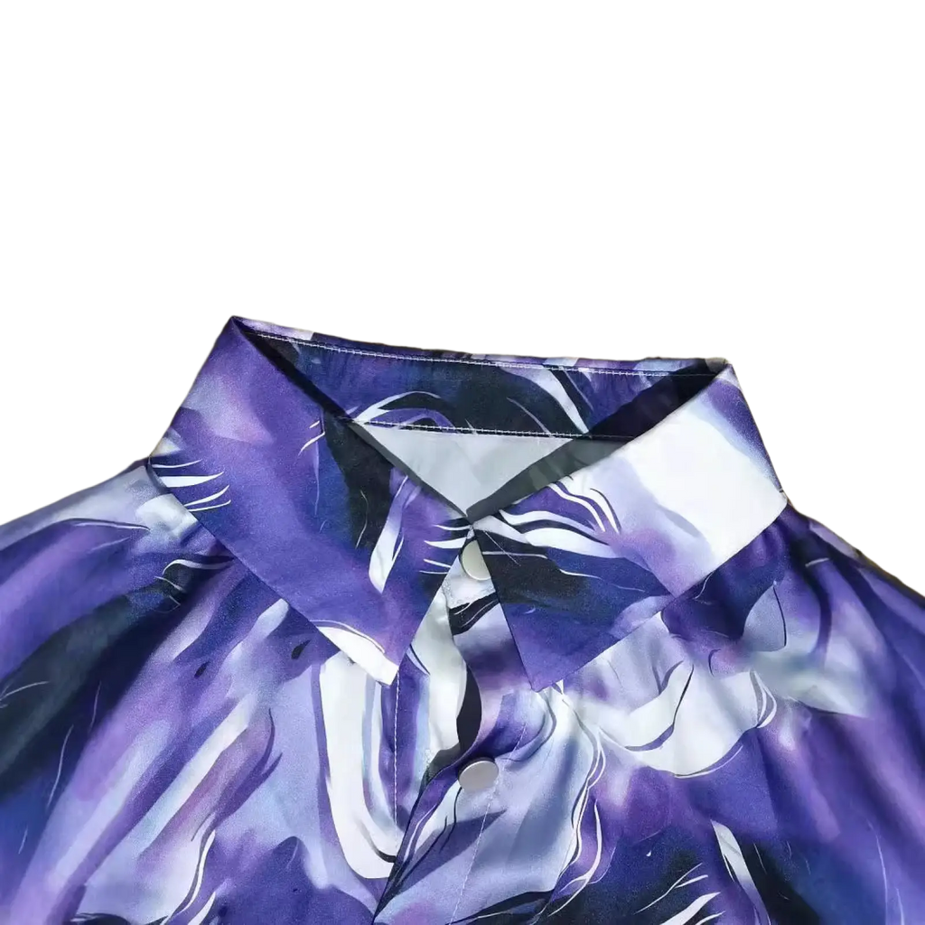 Women’s marble print satin long sleeve button blouse in purple and white with abstract floral pattern and crisp collar